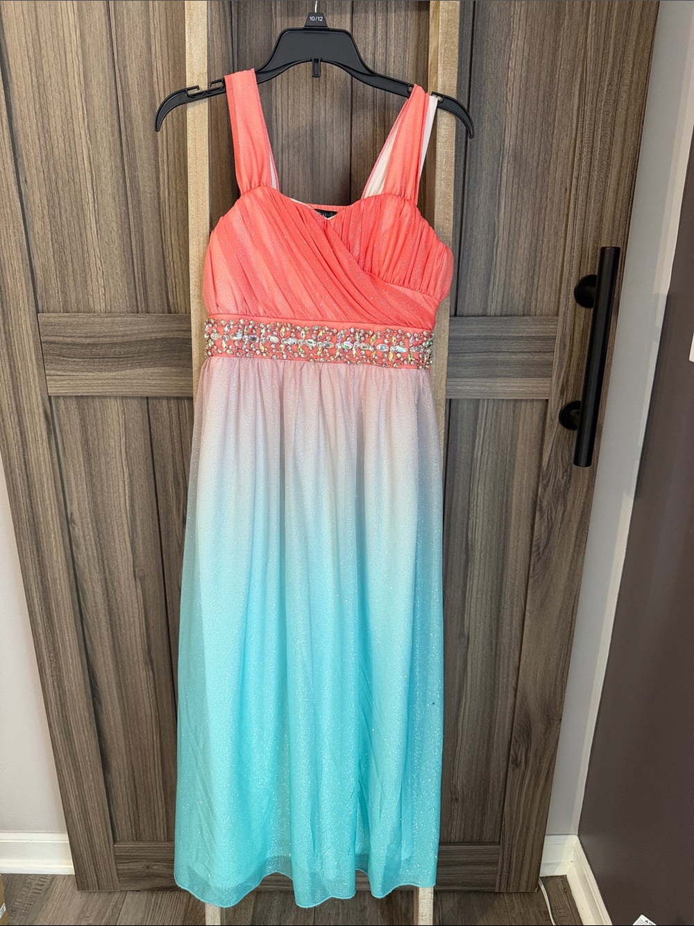 My Michelle Girls Coral to Aqua Ombre Beaded Waist Formal Dress